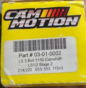 03-01-0002 Cam Motion New Ls 3 Bolt 5150 Camshaft Ls1/2 Stage 2 214/220 .553/.553 115 03-01-0002 Cam Motion New Ls 3 Bolt 5150 Camshaft Ls1/2 Stage 2 214/220 .553/.553 115