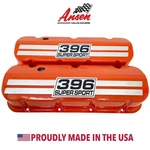 Big Block Chevy 396 Super Sport Tall Orange Valve Covers - Billet Top Ansen. Fixed Price $395.00.